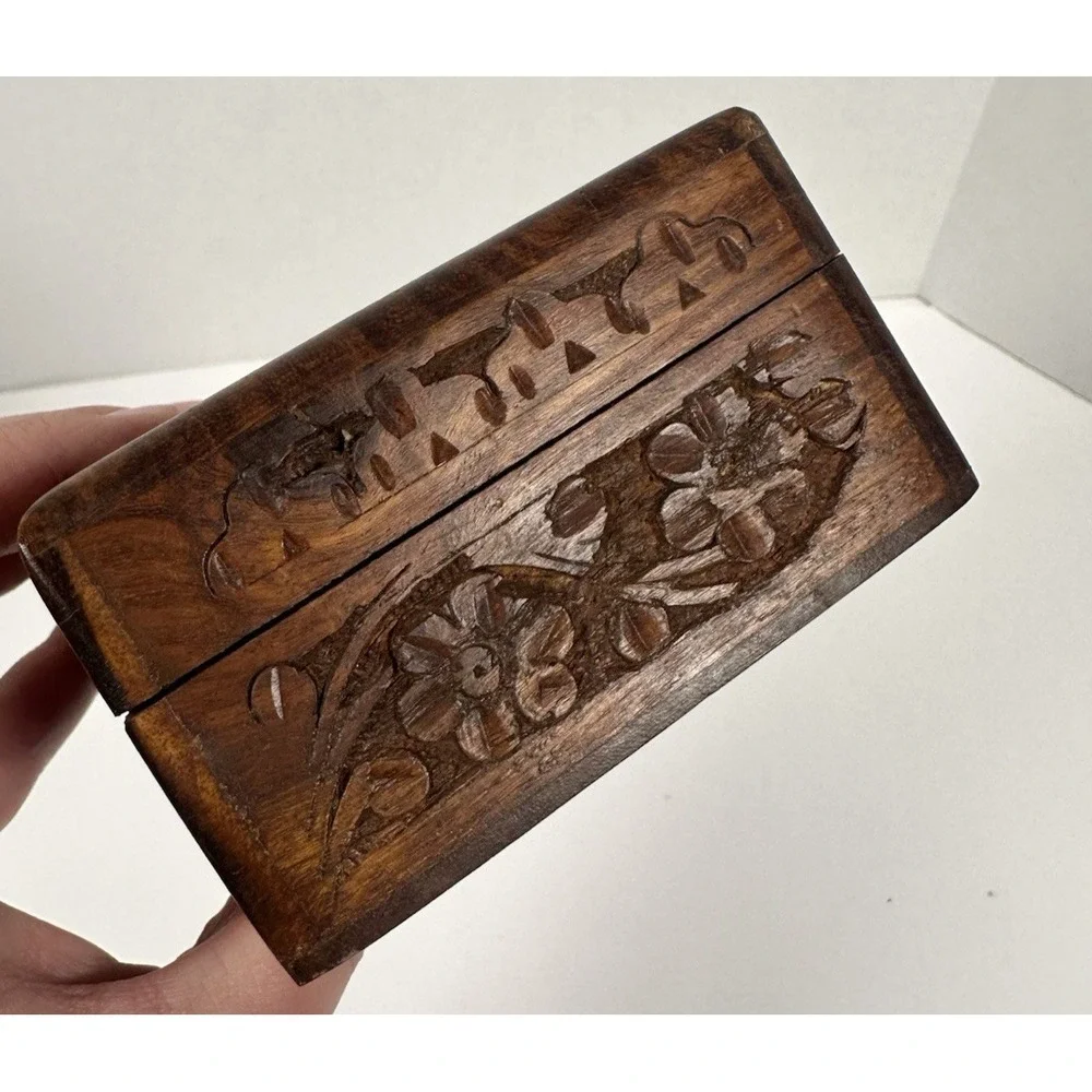 Carved Wood Trinket Jewelry Box Square Inlay Floral Made in India 4